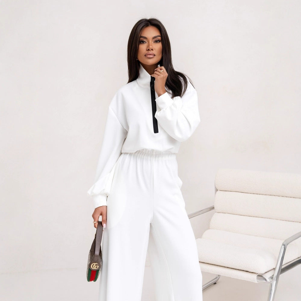 Damen relaxed-fit Zip-Pullover mit elastischem Taillenbund und extraweiter Palazzo-Hose Zweiteiler – Élanora
