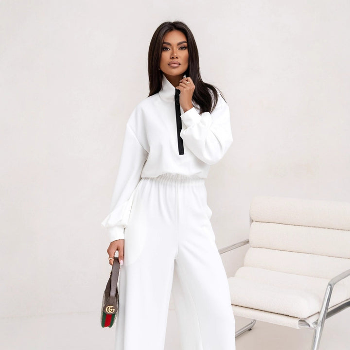 Damen relaxed-fit Zip-Pullover mit elastischem Taillenbund und extraweiter Palazzo-Hose Zweiteiler – Élanora
