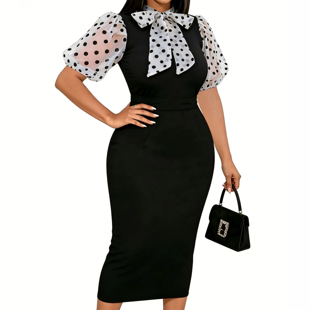 Damen figurbetontes Midi-Kleid mit transparenten Puffärmeln und Schleifenkragen Echo Archiv
