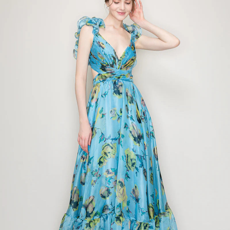 Damen Maxikleid mit luftigen Rüschendetails und ausgefallenem Wickeldesign Echoarchiv