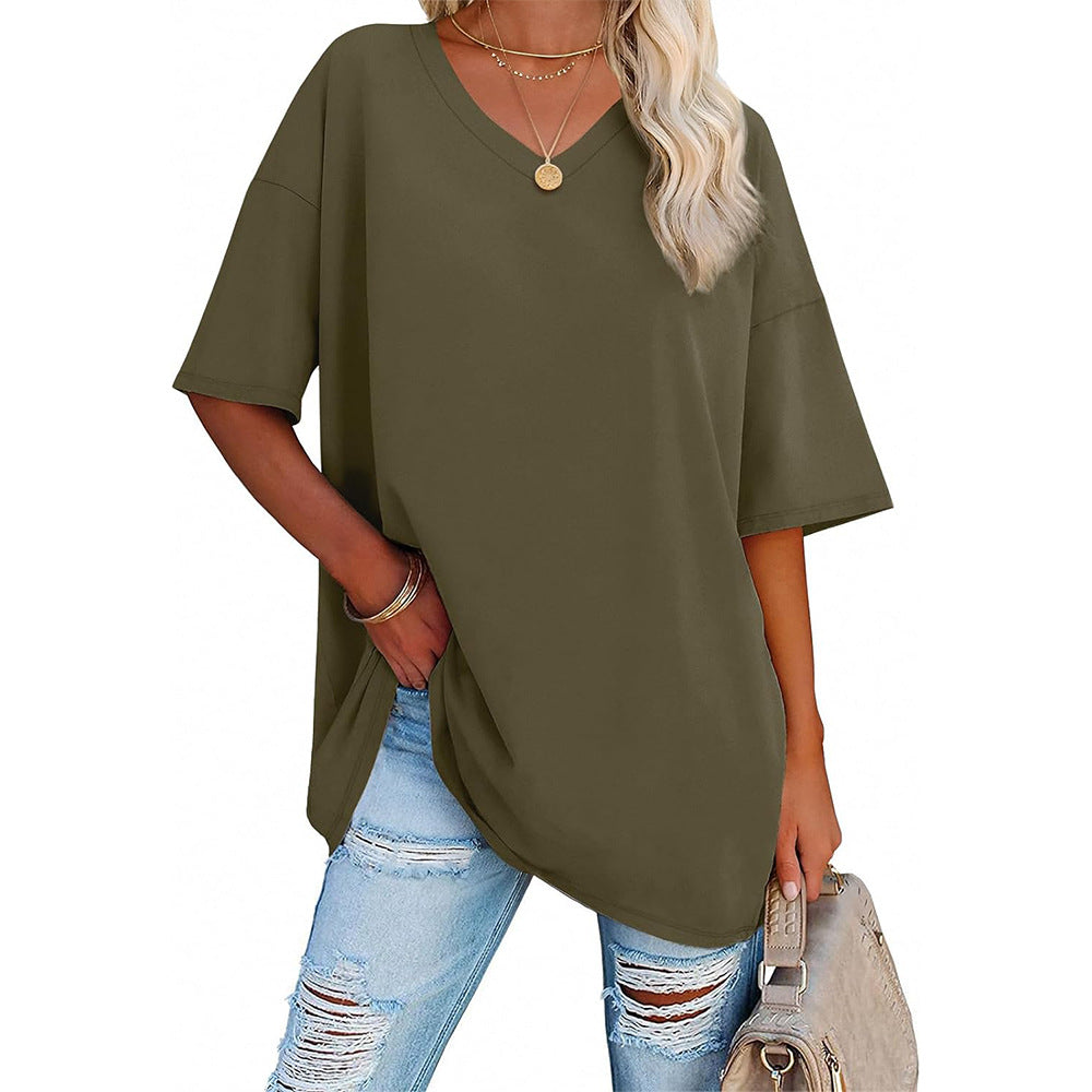 Damen Oversized T-Shirt mit V-Ausschnitt und seitlichen Schlitzen Echoarchiv