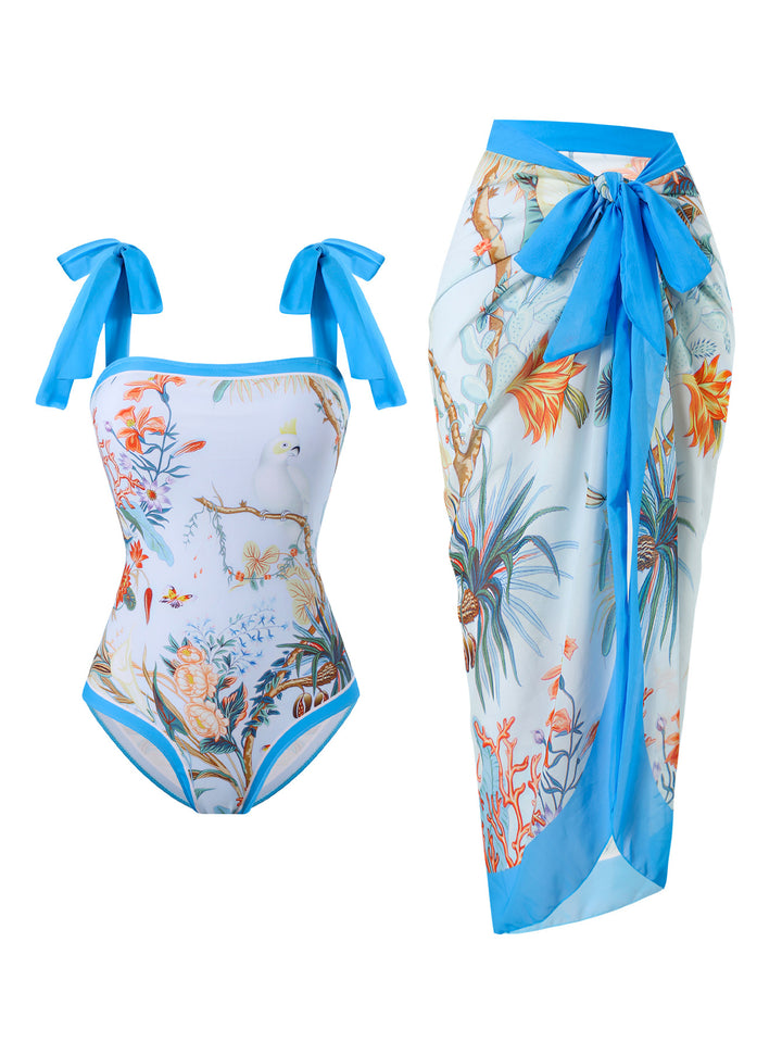 Damen Badeanzug mit floralem Design und transparentem Wickelrock Echo Archiv