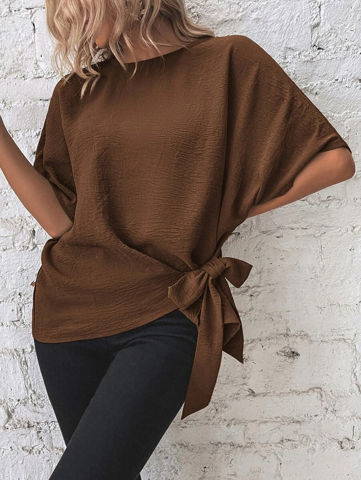 Damen Oversize Kurzarm-Top mit seitlicher Schleife und Crinkle-Struktur Echo Archiv