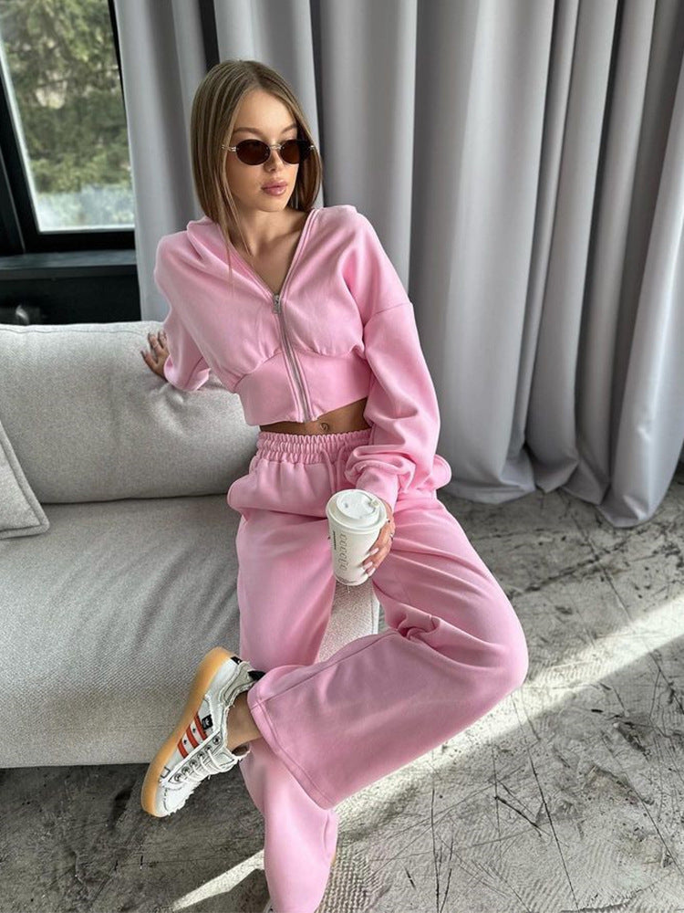 Damen nan zweiteiliges Cropped Hoodie-Set mit weitem Bundhose-Schnitt und tailliertem Reißverschluss Echo Archiv
