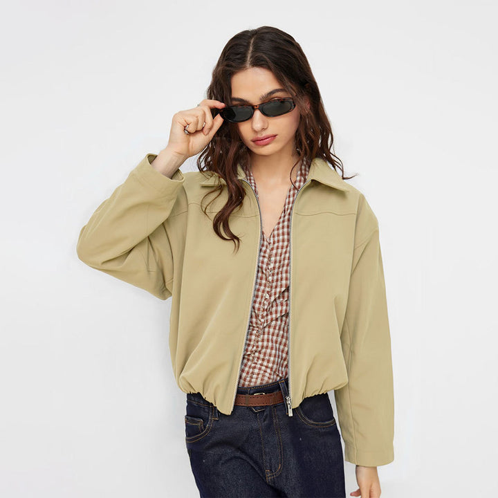 Damen kurze Oversize-Bomberjacke mit Reißverschluss, leichtem Kragen und elastischem Saum – Avenza