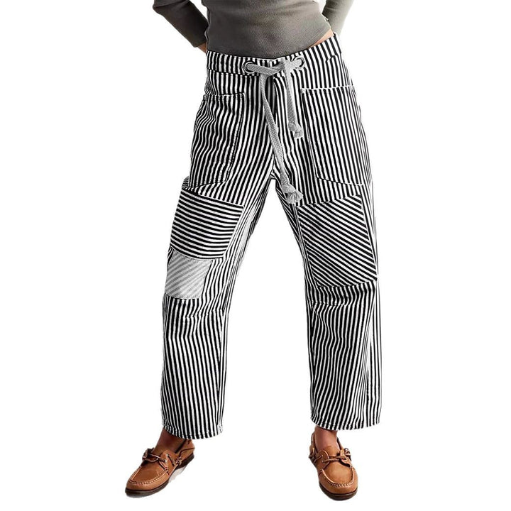 Damen nan lässige gestreifte Leinenhose mit Kordelzug und aufgesetzten Taschen Echo Archiv