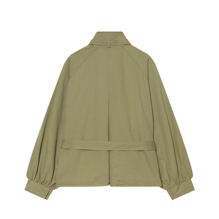 Damen Kurze Cape-Übergangsjacke mit Stehkragen, Taillengürtel und Ballonärmeln Echoarchiv