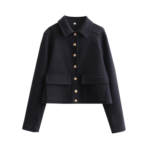 Damen Kurze Boxy-Wollmix-Jacke mit aufgesetzten Pattentaschen und goldfarbenen Zierknöpfen Echoarchiv