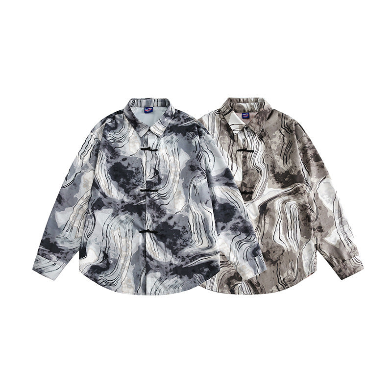 Unisex Boxy-Overshirt-Jacke mit Marmorprint und traditioneller Knebelverschluss-Optik Echo Archiv