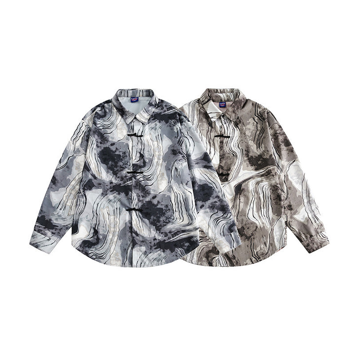 Unisex Boxy-Overshirt-Jacke mit Marmorprint und traditioneller Knebelverschluss-Optik Echo Archiv