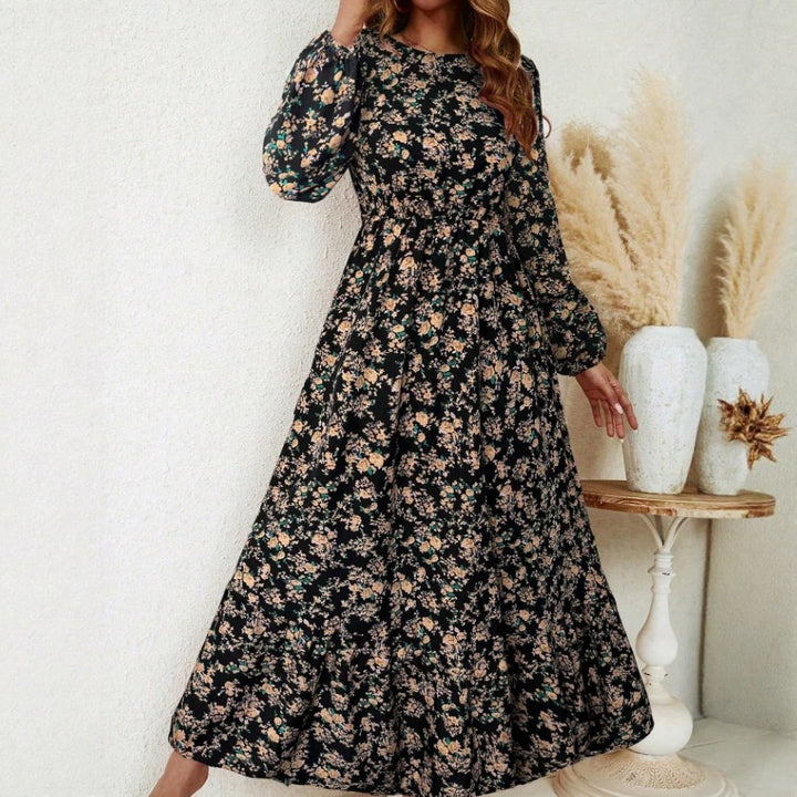 Damen Florales Midikleid mit elastischer Taillenpartie, langen Balloonärmeln und Volantstufe – Élara