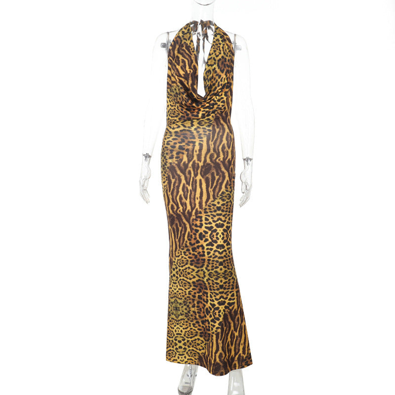 Damen Langarm-Maxikleid mit gerafftem Ausschnitt und animalischem Muster Echo Archiv