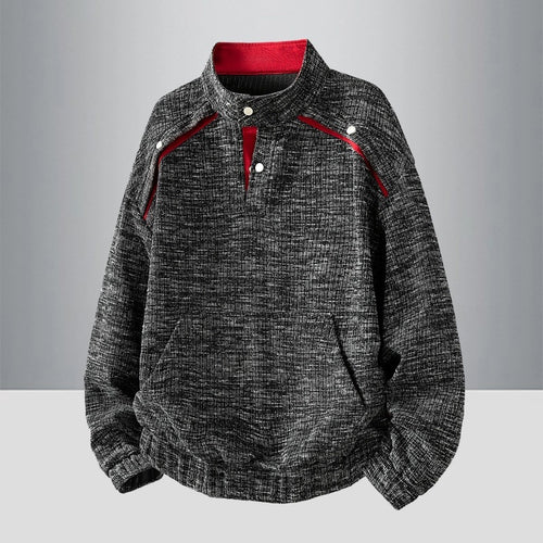 Herren Oversize Struktur-Halbzip-Strickpullover mit Stehkragen, Druckknopfblende & Kängurutasche Echoarchiv