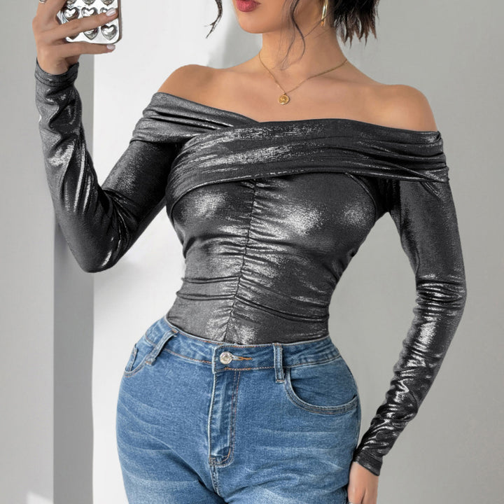 Damen Schulterfreies, glänzendes Metallic-Bodyshirt mit Mittelraffung & enganliegender Passform Echoarchiv