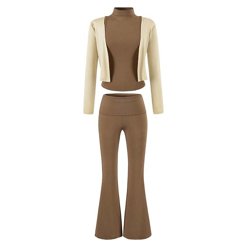 Damen Loungewear-Set mit Bolero, Rollkragen-Croptop und ausgestellter Schlaghose Echoarchiv