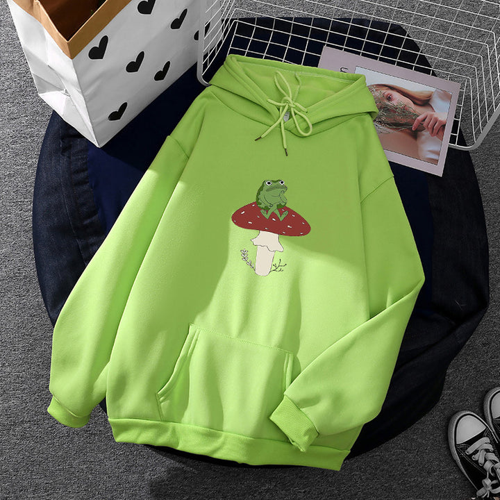 Damen oversized Kapuzenpullover mit Kängurutasche und Frosch‑Pilz-Print – Auréline