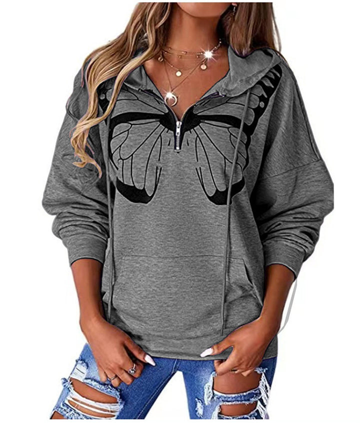 Damen Kapuzenpullover mit halbhohem Reißverschluss und Schmetterlingsprint – Auréline