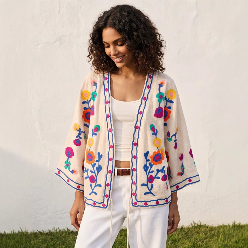 Damen bestickte Leinen‑Überwurfjacke mit folkloristischen Blumenapplikationen Echoarchiv