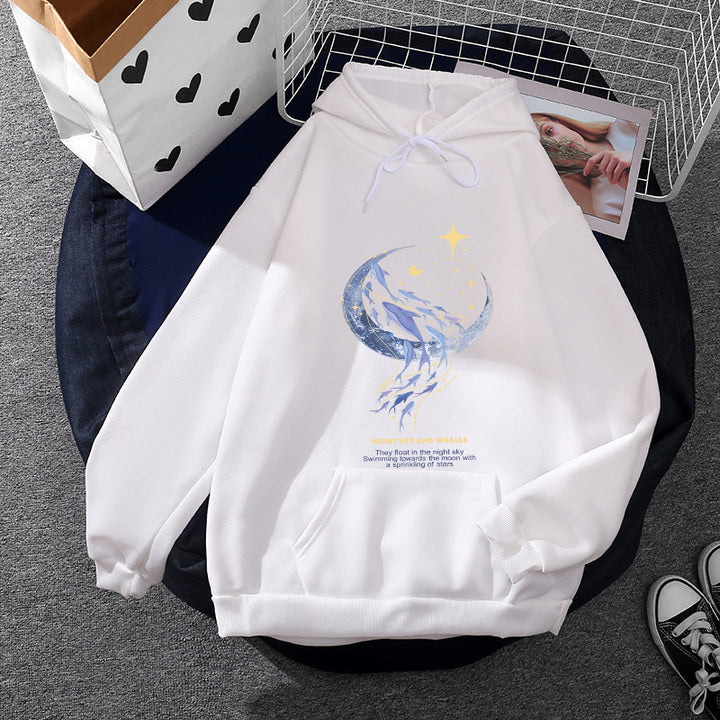 Damen Kapuzenpullover mit Mond‑und‑Wal-Illustration, Oversize-Schnitt und Kängurutasche – Auréline