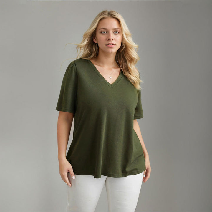 Damen Lässiges V-Ausschnitt T-Shirt mit Seitentaschen und weichem Material Echo Archiv