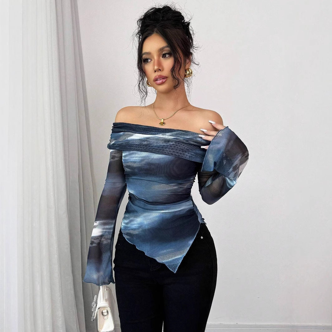 Damen nan schulterfreies Mesh-Wickeltop mit asymmetrischem Zipfelsaum und langen ausgestellten Ärmeln Echo Archiv