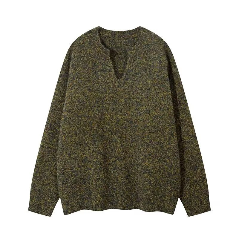 Herren Melangé Grobstrick-Pullover mit V-Schlitz und lockerem Oversize-Schnitt Echoarchiv