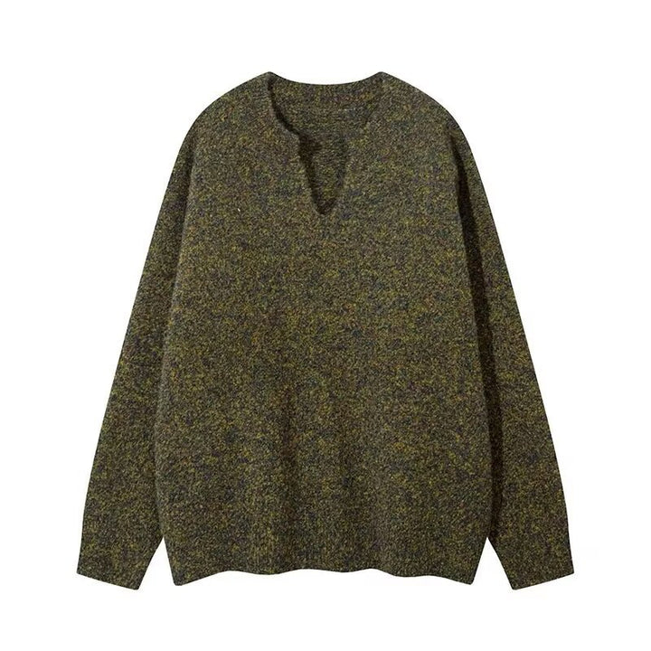 Herren Melangé Grobstrick-Pullover mit V-Schlitz und lockerem Oversize-Schnitt Echoarchiv