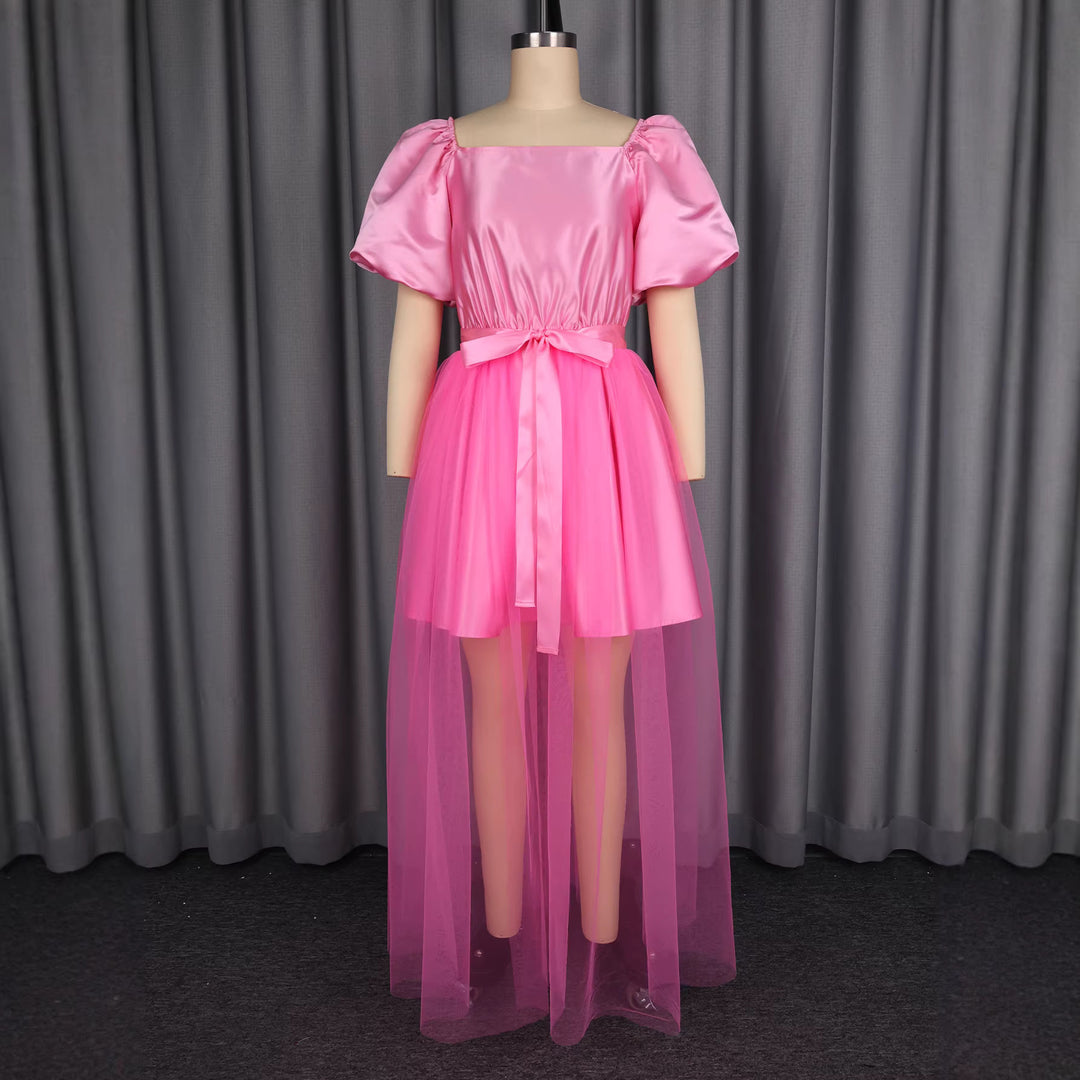 Damen Elegantes Tüllkleid mit Puffärmeln und Schleifenbindung Echo Archiv