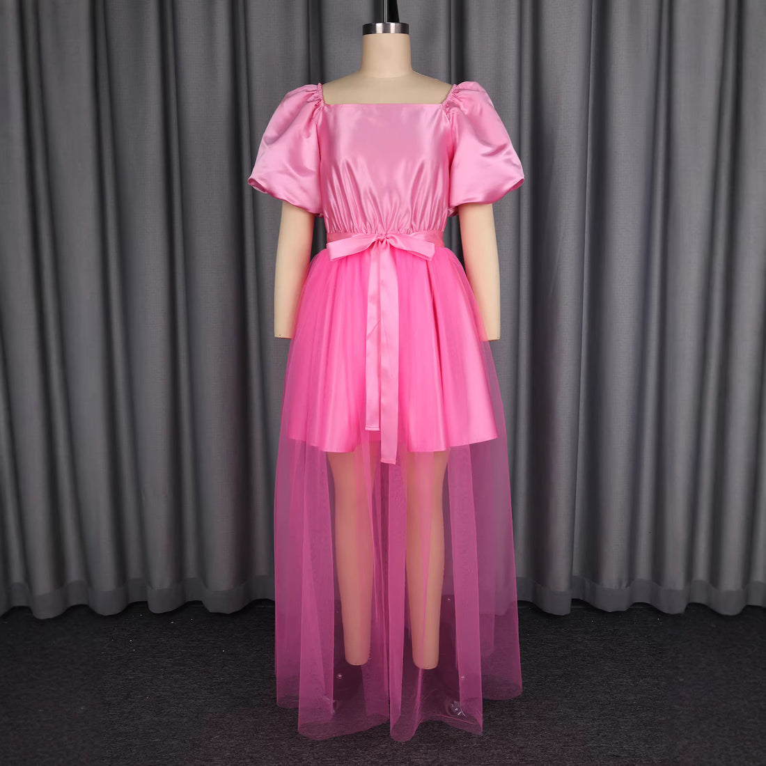 Damen Elegantes Tüllkleid mit Puffärmeln und Schleifenbindung – Élara