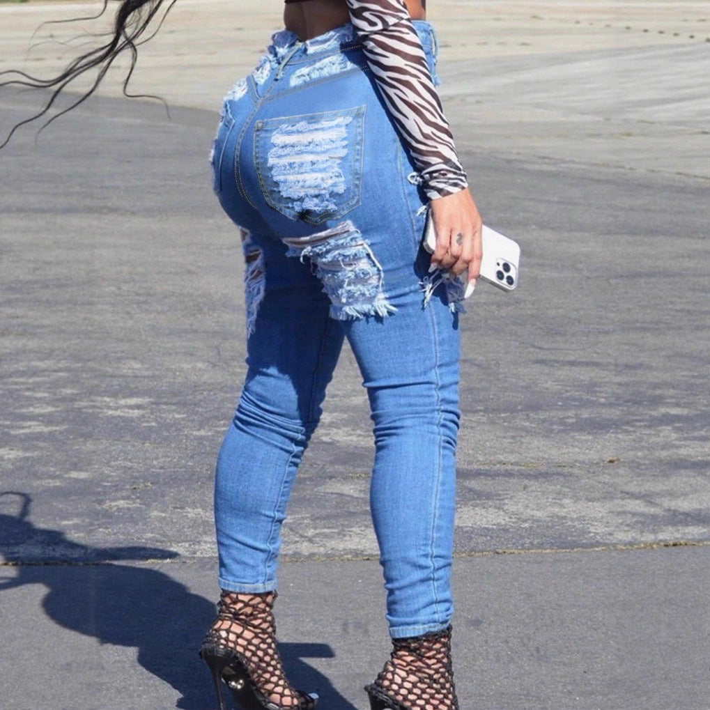 Damen Hochtaillierte Skinny-Jeans mit großflächigen Fransenrissen Echo Archiv