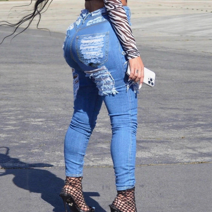Damen Hochtaillierte Skinny-Jeans mit großflächigen Fransenrissen Echo Archiv