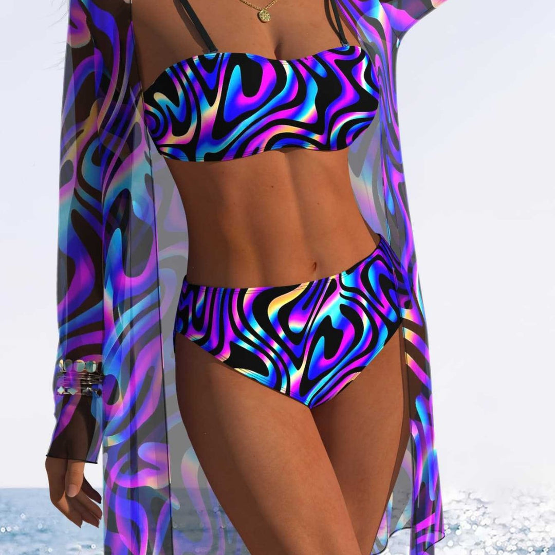 Damen Bikini-Set mit modernem abstraktem Muster und transparentem Überwurf Echo Archiv