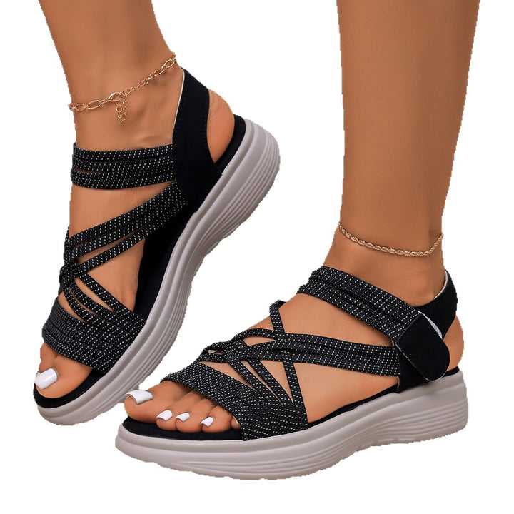 Damen Gepolsterte Plateau-Sandalen mit elastischen Flechtriemen und Klettverschluss Echo Archiv