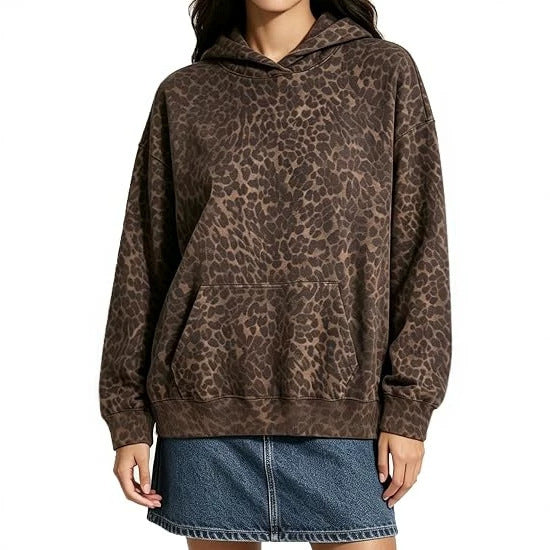 Damen Oversize-Kapuzenpullover mit Leomuster, Kängurutasche und überschnittener Schulter Echo Archiv