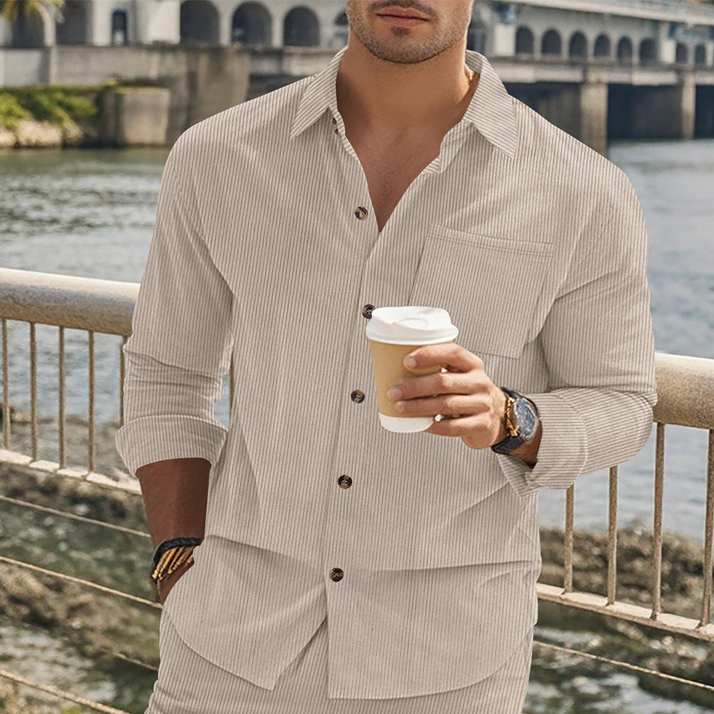 Herren gestreiftes Langarmshirt mit modischem Stehkragen und praktischer Brusttasche Echoarchiv