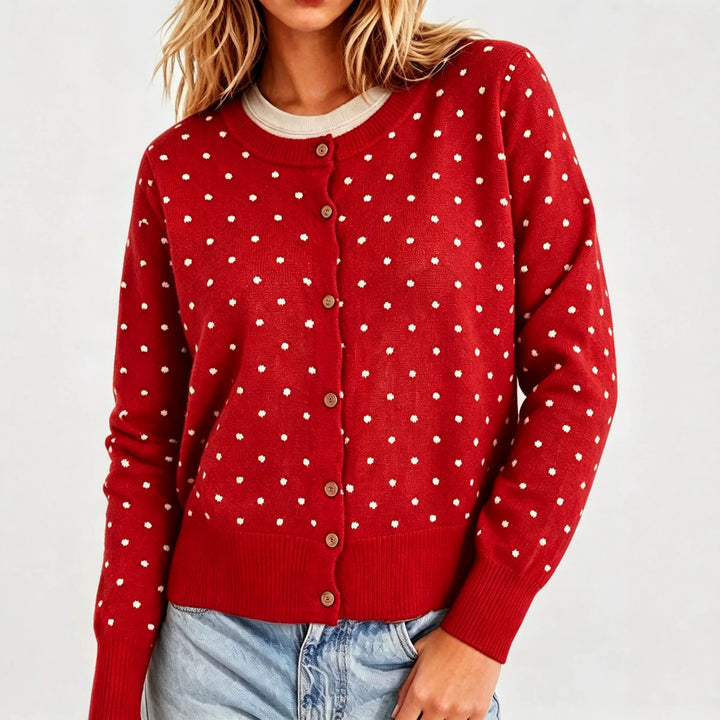 Damen Gepunktete Feinstrick-Cardigan mit Rundhals und Rippbündchen – Veloura