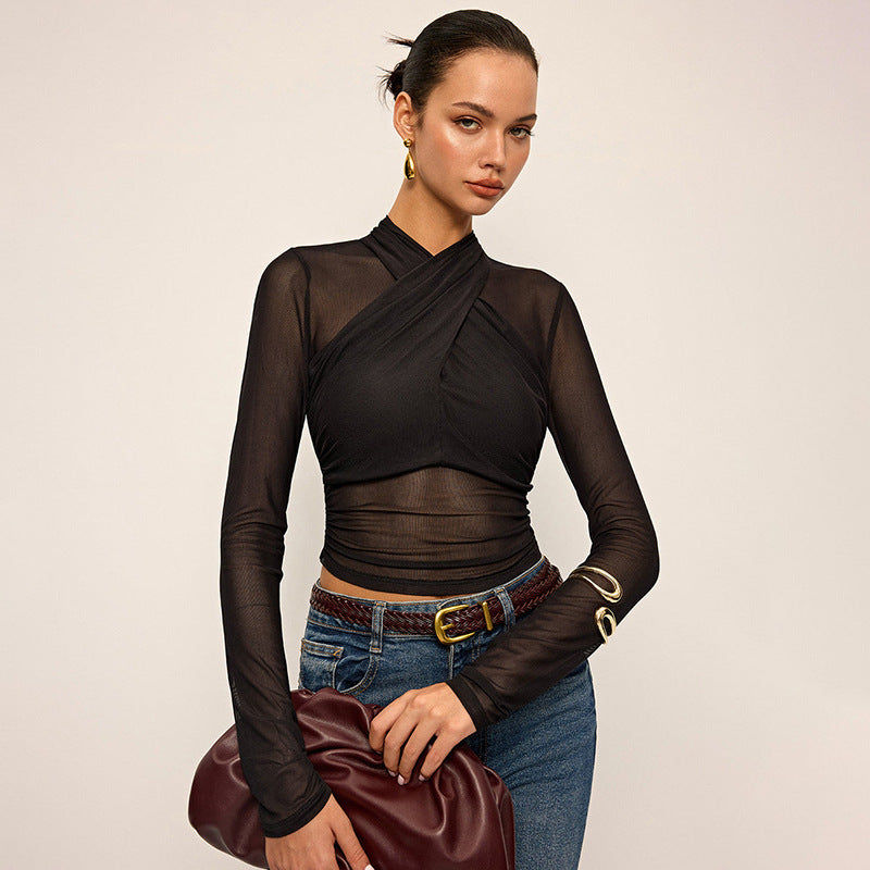 Damen Elegantes Wickeloberteil mit transparentem Stoff und langen Ärmeln Echo Archiv