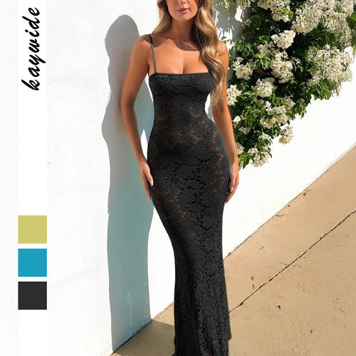 Damen Spitzen Maxikleid mit schmalen Trägern und elegantem Schnitt Echo Archiv
