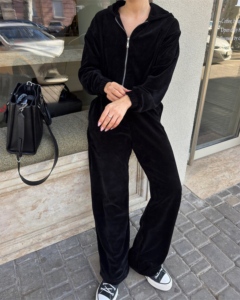 Damen Gekürztes Kapuzen-Loungewear-Set aus weichem Sweatstoff mit elastischem Bund und Relax-Fit-Hose – Auréline