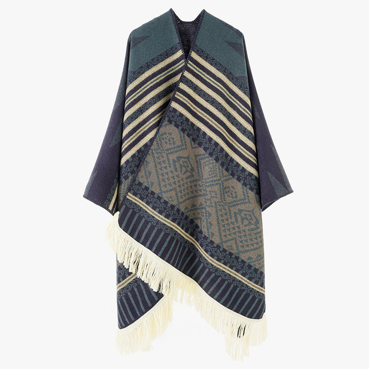 Damen Gewebter Jacquard-Poncho mit V-Ausschnitt, Ethno‑Print und Fransen – Avérine
