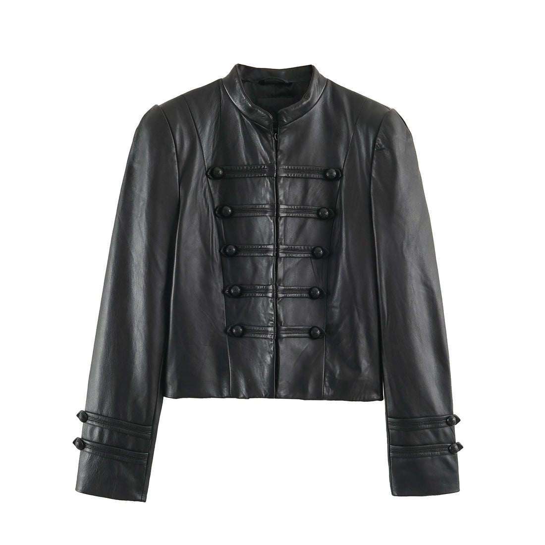 Damen Taillierte militärinspirierte Lederjacke mit Stehkragen, dekorativen Riegeln und Knopfleisten Echoarchiv