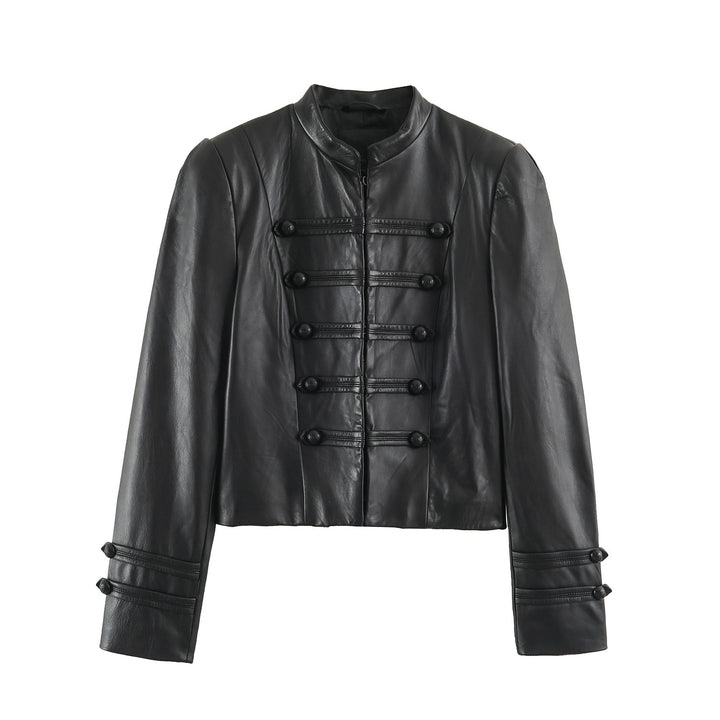 Damen Taillierte militärinspirierte Lederjacke mit Stehkragen, dekorativen Riegeln und Knopfleisten Echoarchiv