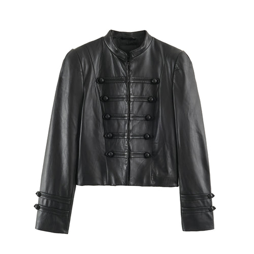 Damen Taillierte militärinspirierte Lederjacke mit Stehkragen, dekorativen Riegeln und Knopfleisten Echoarchiv