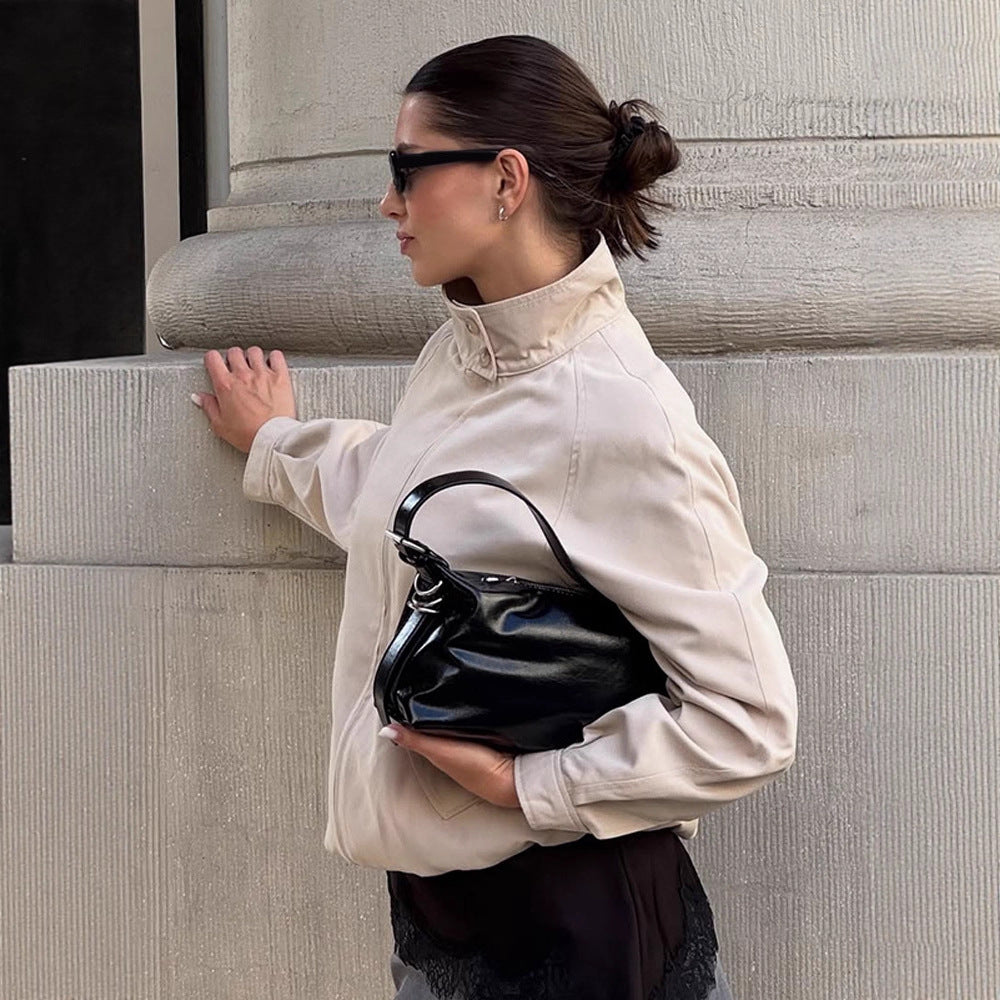 Damen Leichter taillierter Cropped-Bomber mit hohem Stehkragen und Raglanärmeln Echoarchiv