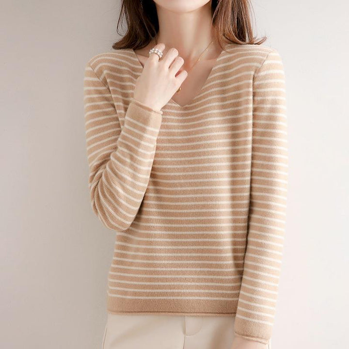 Damen Zarter Streifen-V‑Ausschnittpullover aus feinem Rippstrick mit weichem Fall Echoarchiv