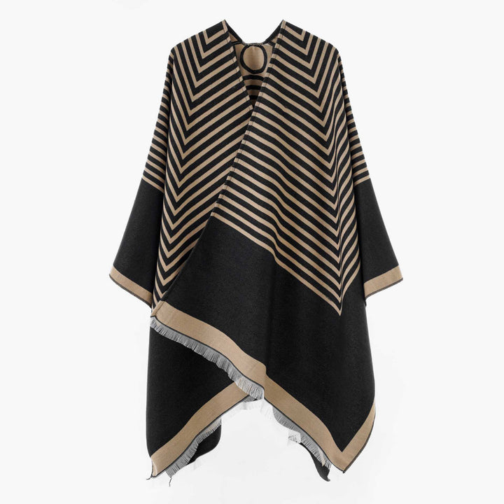 Damen Chevron‑Jacquard Capeponcho mit weitem Fall und Fransen – Avérine