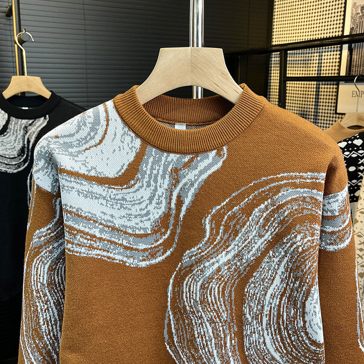 Herren Grobgestrickter Rundhalspullover mit abstraktem Marmor-Jacquard Echoarchiv