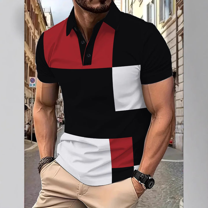 Herren Poloshirt mit kreativem Blockdesign und atmungsaktiver Textur Echoarchiv