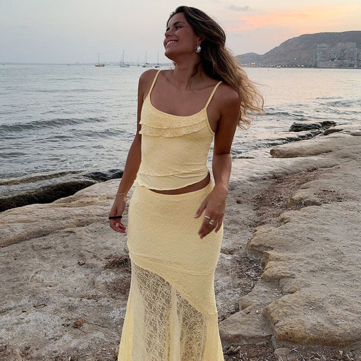 Damen Maxikleid mit transparentem Spitzensaum und raffinierten Rüschendetails Echo Archiv