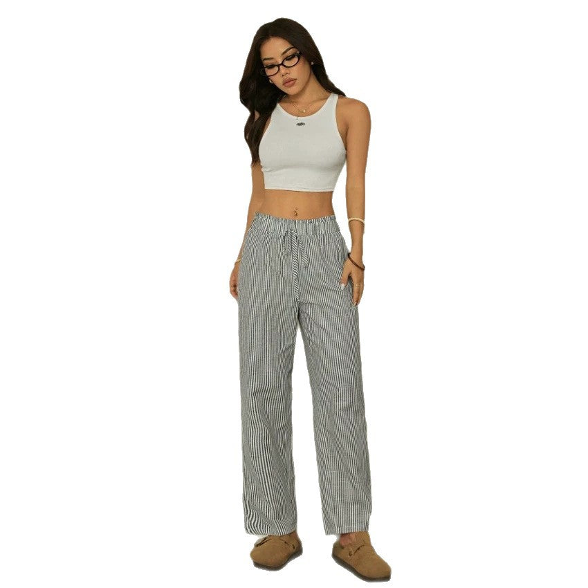 Damen Leinenoptik-Relaxhose mit High-Waist, Kordelzug und Nadelstreifen – Avélisse
